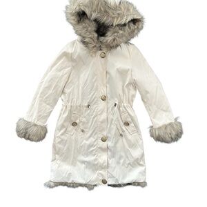 Fabulous Furs Cream Coat with Gray Fur Trim